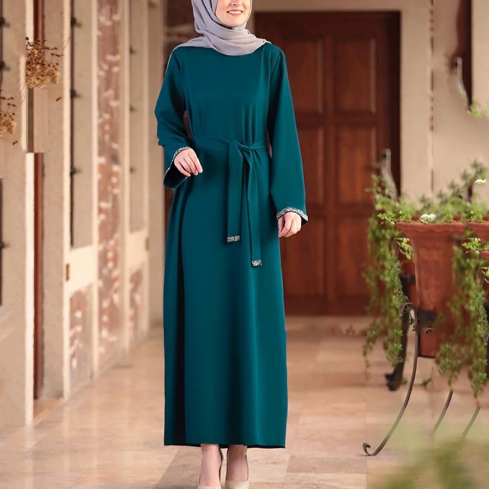 YNS Generic Teal Modest Long Sleeve Maxi Dress with Waist Tie